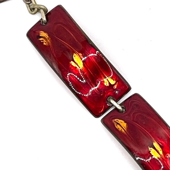 Marco Signed Vintage Copper Ruby Red Enamel Rectangle Link Bracelet 7" - Picture 10 of 12